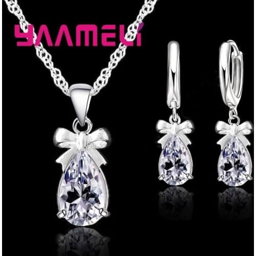 925 Sterling Silver Women Water Drop Austrian Crystal Pendants Necklace Earrings Jewelry Set For Wedding Engagement Gift