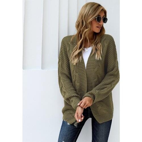 Women Sweater Cardigans Jacket 2021 Autumn Winter V-Neck Long Loose Bating Sleeves Solid Open Stitch Casual Women Sweater Coat