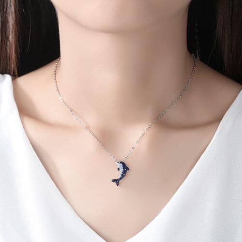 Buyee 100% 925 Sterling Silver Clavicle Chain Necklace Simple Crystal Dolphin Fish Pendant Necklace for Women Fashion Jewelry