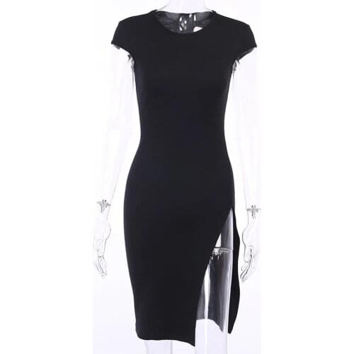 SISHION Gothic Women Knit Black Dress Short Sleeves Elastic High Split Bodycon Party Dress 2021 Summer New VD1838