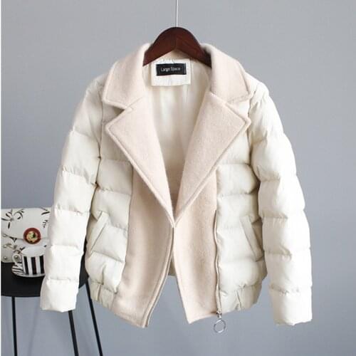 2020 Winter Coat Suit Collar Down Cotton Womens Short Padded Clothes Thick Warm Zipper Pocket Outerwear Female Woolen Stitching