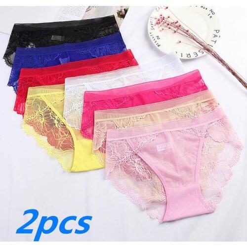 2 Pcs Sexy Perspective Briefs For Women Plus Size Low-Rise Lace Panties Transparent Intimates Mesh Panty Female Underwear