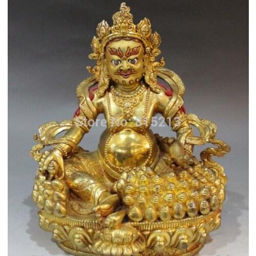 Bi001148 10"Tibet Bronze 24K Gold painting Mouse Yellow Jambhala Wealth God Buddha Statue
