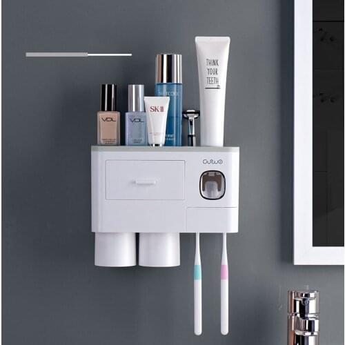Toothbrush Holder Automatic Toothpaste Squeezer Dispenser Storage Rack Bathroom Accessories 2 Cups Magnetic Adsorption Inverted