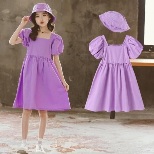 Kids Dresses for Girl Purple Puff Sleeve Girls Dress Elegant Teenager Summer Princess Costume Party Dress with Hat 4-14 Years