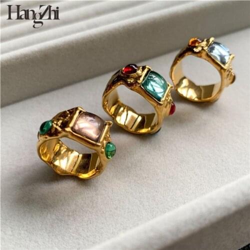 Hangzhi Retro palace fashion personality multi-color French elegant niche fashion color drilled brass ring for women