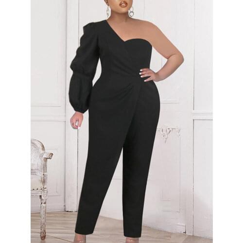 Classy Women Black Jumpsuit One Shoulder Pencil Pant Rompers Party Evening Event Overalls Plus Size 4XL 5XL Bodysuit Summer Fall
