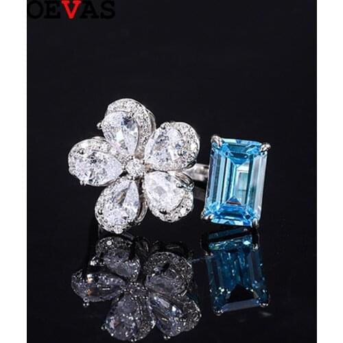 OEVAS 100% 925 Sterling Silver 8*12mm Aquamarine High Carbon Diamond Resizable Flower Rings For Women Sparkling Fine Jewelry