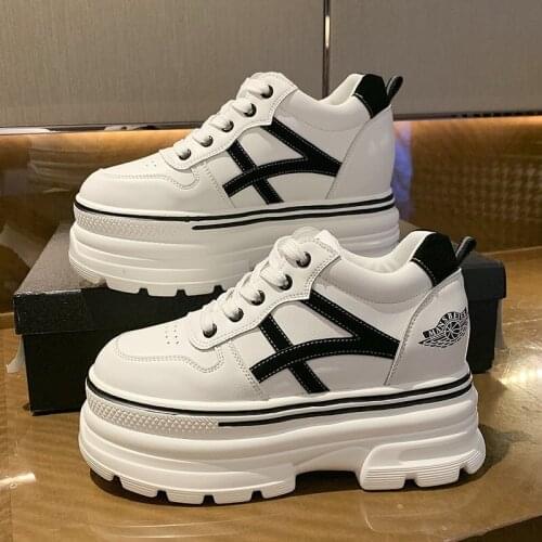 Platform Sneakers For Women Leather Fashion Casual Vulcanized Shoes Woman Thick Soled Wedge 8 cm Chunky Trainers Female