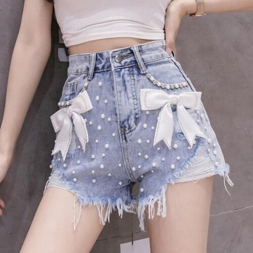 2021 summer new Korean version heavy industry 3D bow beaded high waist shorts all-match jeans women
