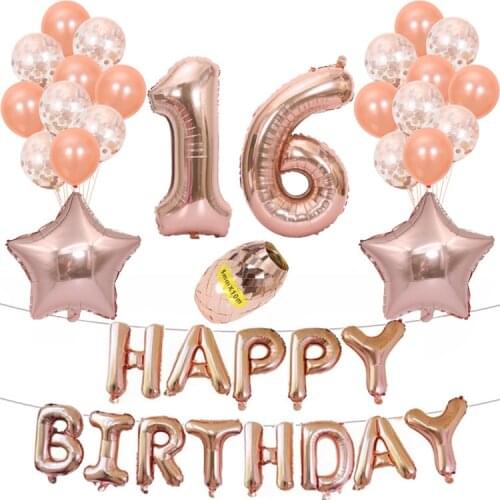 Rose gold birthday balloon set 16 18 20 25 30 year old party decoration balloon set happy birthday letter aluminum foil balloons