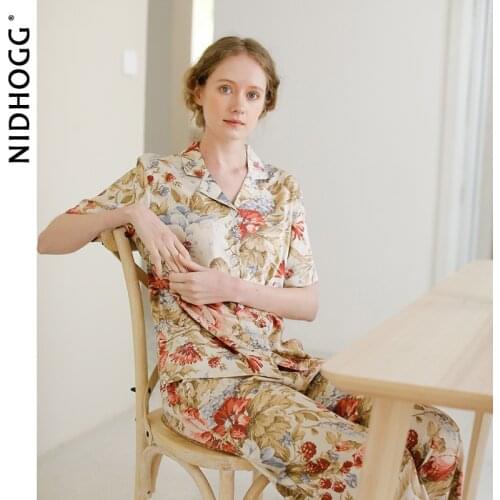 2020 High-End Satin Short-Sleeve Trousers Women Pajama Set Summer Lapel Multicolor Europe Printing Sleepwear Home 2 Piece Pijama