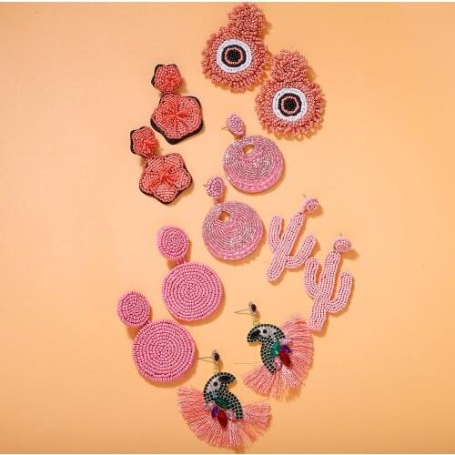 Dvacaman Handmade Beaded Cactus/Eye/Flower Statement Earrings for Women Crystal Tassel Parrot Bird Long Drop Earrings Wholesale