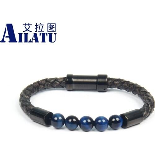 Vintage Genuine Cowhide Leather Bracelet with 8mm Natural Tiger Eye Stone Beads Stainless Steel Embedded Clasp Bangle