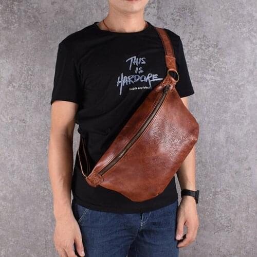 2021 New Fanny Packs Men Genuine Leather Sling Shoulder Bag Male Chain Belt Waist Bag Mens Crossbody Messenger Bag