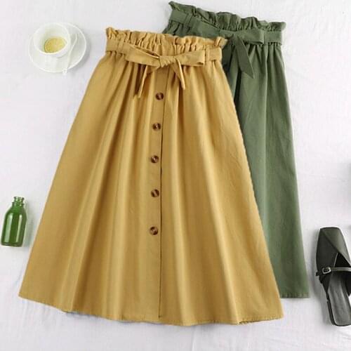 Spring Summer Skirts Womens 2019 Midi Knee Length Korean Elegant Button High Waist Skirt Female Pleated School Skirt