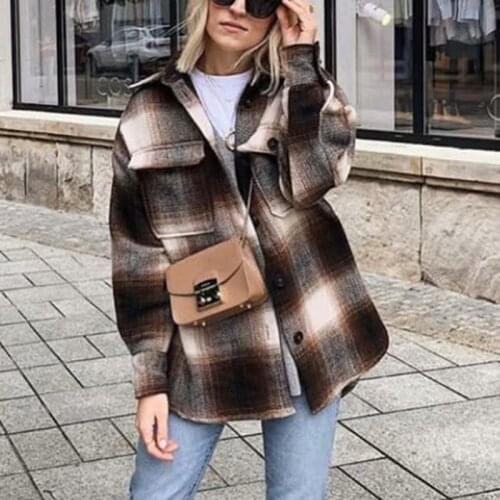 Hstar New Vintage Women Long Sleeve Woolen Coats Fashion Lady Thick Plaid Coat Streetwear Elegant Girls Oversize Jacket Chic