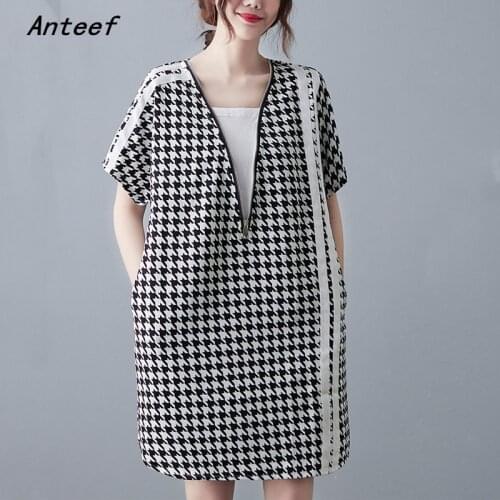 Short sleeve cotton vintage plaid dresses for women casual loose midi woman summer dress elegant clothes 2021