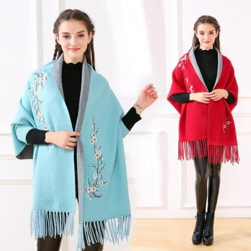 ZJZLL Womens Fashion Embroidery Floral Tassel Knitted Shawl Wrap Plus Size Cardigan Poncho Cape Pashmere Winter Sweater Coat