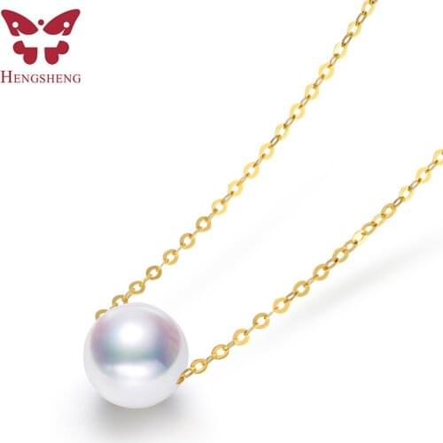 100% 925 Sterling Silver Round Natural Freshwater Pearl Pendant No Flaw Golden Color Chain Necklaces for Women Jewelry