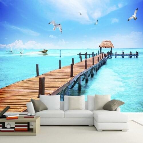 Custom 3D Photo Wallpaper Sea Wooden Bridge Sailing Ships Seagulls Scenery Mural Living Room Bedroom Wall Paper De Parede 3D