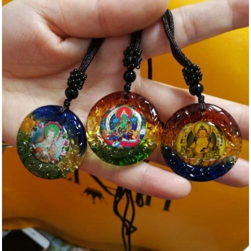 3P-Greco-Buddhist pocket travel efficacious Amulet Green Tara Yellow Jambhala Guru Padmasambhava Buddha Crystal Pendant Amulet
