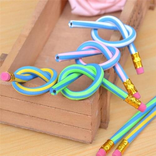 6Pcs Creative Colorful Magic Bendy Flexible Soft Pencil With Eraser Novelty Bendy Pencils Stripe Soft Flexible Stationery Kids