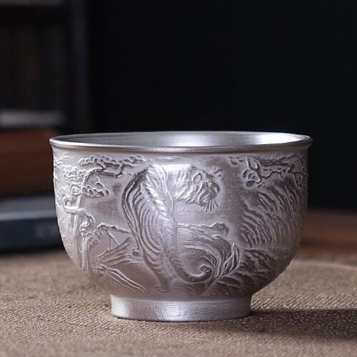 999 Silver Cup Ceramic Handmade Dragon Phoenix Cups 80ml Pure Teacup Master Tea Bowl China Teaware Drinkware Decoration Crafts