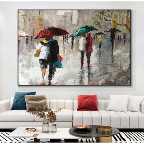 Abstract People Walking In The Rain Painting 100% Hand Painted Street Oil Painting On Canvas For Living Room Home Decoration