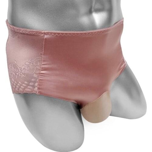 Shiny Erotic Mens Briefs Underwear Lace Patchwork Silky Sissy Panties With Penis Pouch Sexy Gay Lingerie Bikini