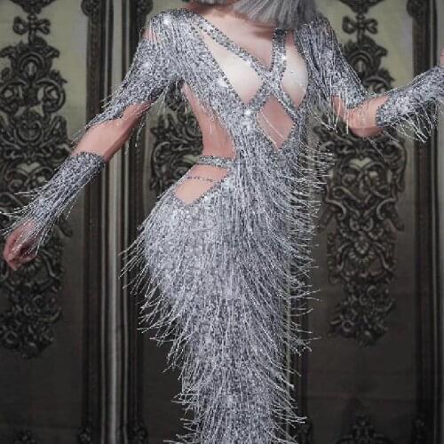 Sparkly Rhinestone Fringe See through Jumpsuit Dance Costume Big Crystals Bodysuit Tassel nightclub Party Stage Wear Sexy Outfit
