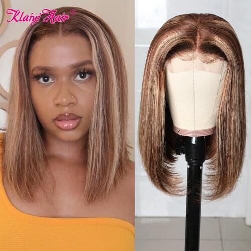 Klaiyi Straight Hair 4x1 T Part Lace Highlight Wig Brazilian Remy Colored Human Hair Wigs For Women Honey Blonde Short Bob Wig