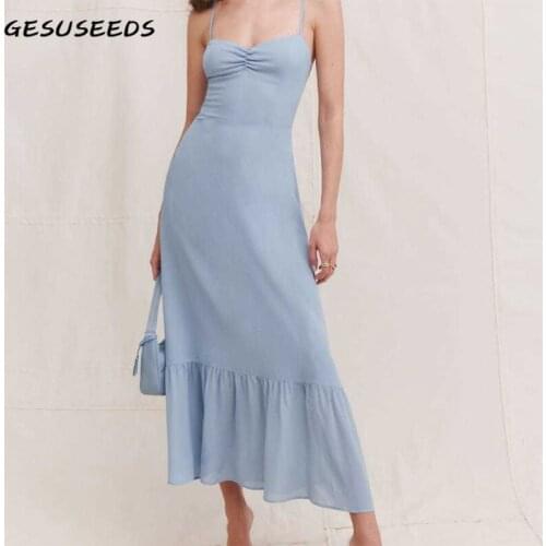 Summer dress women elegant party dresses sexy spaghetti strap midi dress solid slim dresses ruffle boho dress blue korean style