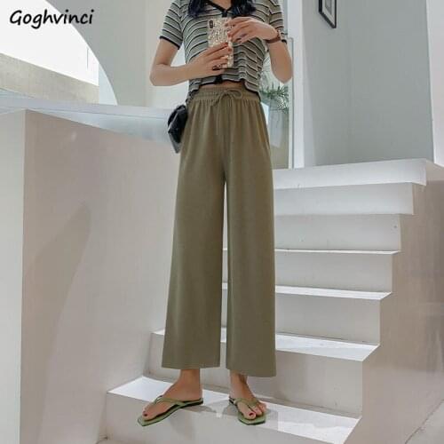 Summer Wide-leg Ankle-length Pants Women Draped Korean Style Baggy Lace-up Students Leisure Ice-silk Womens Capric Comfortable