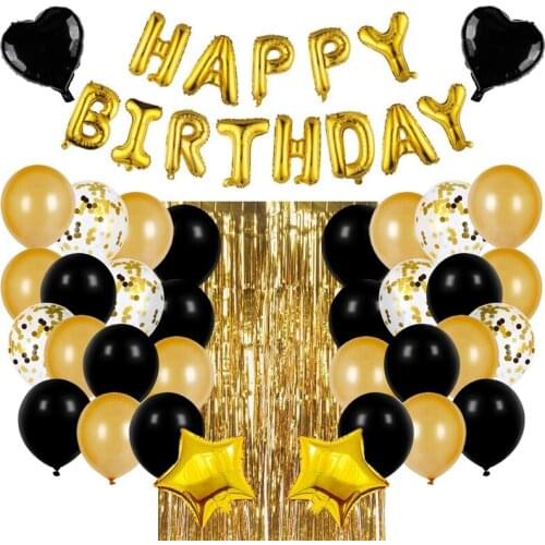 Black and Gold Birthday Party Decorations Set with Happy Birthday Balloons Banner, Confetti Balloons,Foil Fringe Curtain