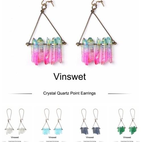 Natural Reiki Healing Titanium Coated Crystal Quartz Earring Irregular Rock clear Crystal Quartz Drop Dangle Stone Earring women