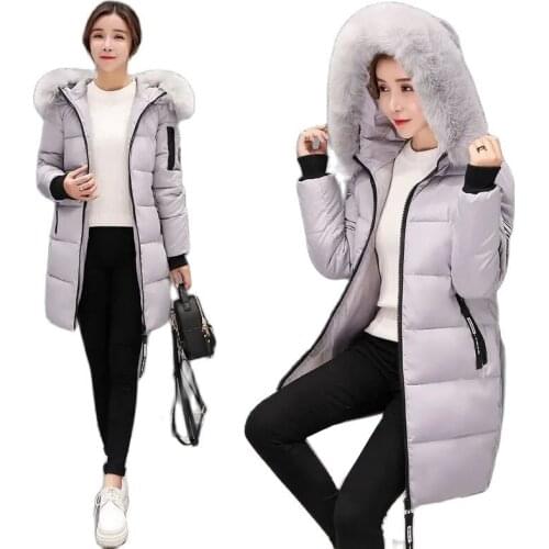 New Overcoat Parka Cotton Female Coat Mid-long Printing Big Fur Collar Down Cotton Clothes Winter Style Slim Ladies jacket