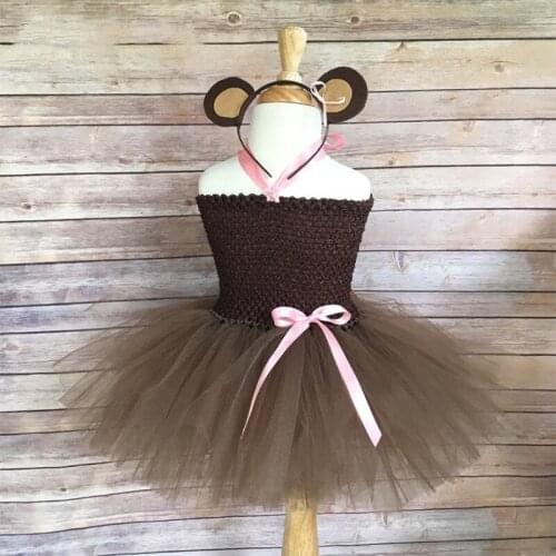 Girls Coffee Mouse Tutu Dress Kids Crochet Dress with Pink Bow and Flower Hairbow Children Party Costume Animal Cartoon Dresses
