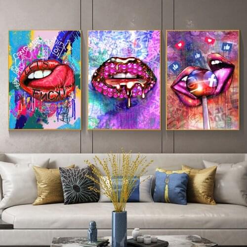 Pop Street Graffiti Art Girl Sexy Lips Canvas Painting Wall Art Posters Prints Wall Pictures for Bedroom Home Wall Cuadros Decor