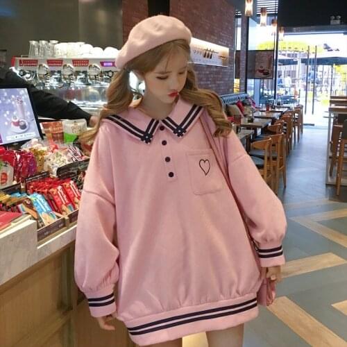 Japanese Oversized Pullover Embroidery Fleece Sweatshirt Soft Girl School Uniform Sailor Collar Hoodie Harajuku White Blue Pink