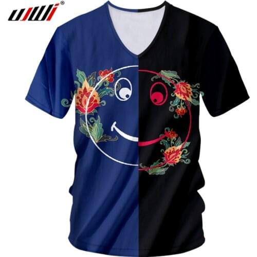 UJWI New Mens 3D Printed Funny Tshirt Colored Flowers Pattern Bodybuilding Man Smiley Face Harajuku Blue V Neck Tee Shirt