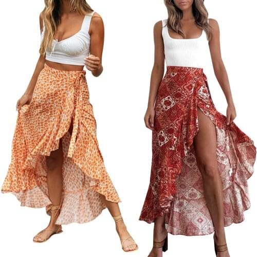AA Vintage Women High Waist Pleated Long Maxi Skirt Floral Print Elastic Waist Swing Skirt Lace-up Ruffles Beach Bohenmian Skirt
