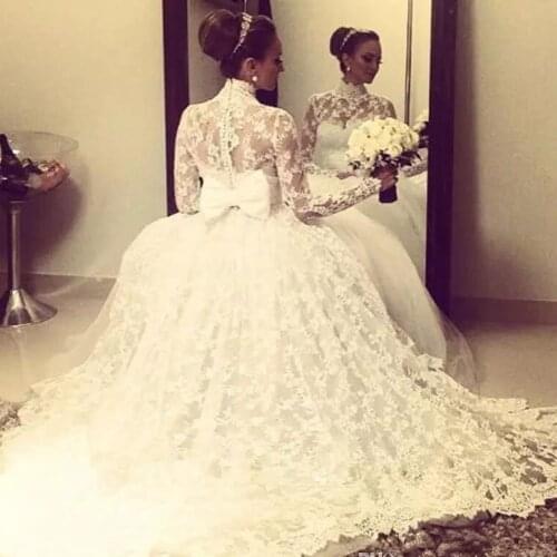 Vintage Design High Neck Wedding Dresses Ball Gown Full Lace Big Bow Back Retro 2020 Bridal Gowns Bride Customize Plus Size
