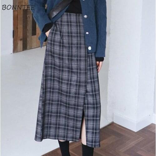 Skirts Womens High Waist Fashion Leisure All-match Autumn Plaid Retro Korean Style Mid-calf Slit Popular A-line Elegant Female