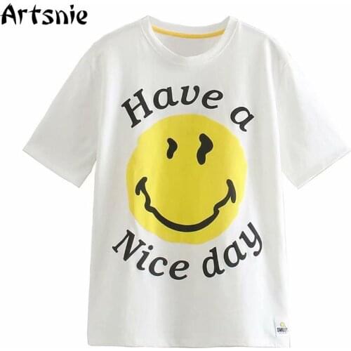 Artsnie Smile Cartoon Print T Shirt Women Summer 2021 O Neck Short Sleeve Oversized Tops White Casual Knitted Ladies T-shirts