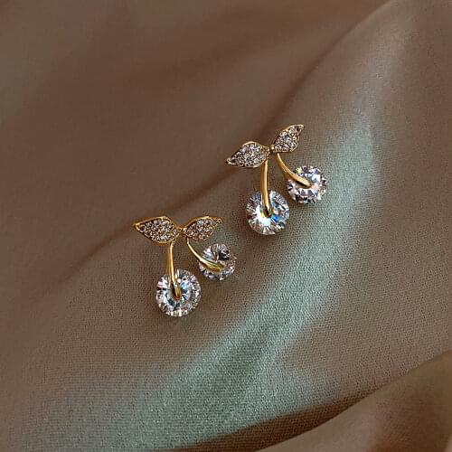 925 Silver Needle Korean Version of Small Cherry Earrings Fashion Zircon Net Red All-match Ear Studs for Women