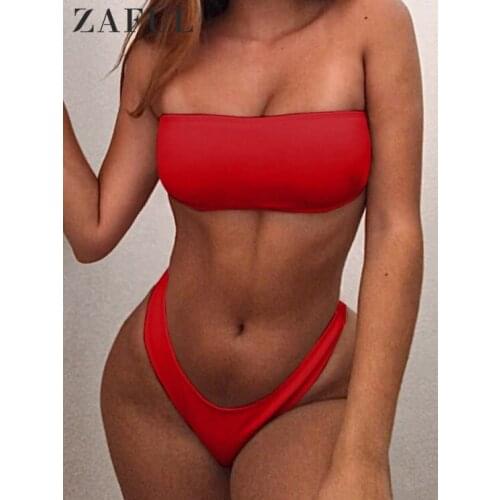 ZAFUL Ribbed Bandeau Bikini Set Women Solid Tie Lace-up Solid Swimsuit Summer Sexy Strapless Swimwear Female Beach Bathing Suit