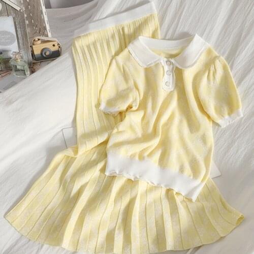 2021 Summer New Temperament OL Work 2 Piece Set Lapel Short-sleeved Knitted Shirt +Contrast Color Stitching Pleated Skirt Sets