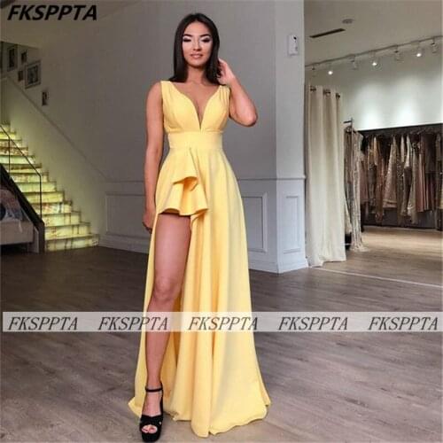Yellow Elegant Long Prom Gown With Slit V Neck A Line Elastic Satin Plus Size Women Wedding Party Occasion Dresses For Prom