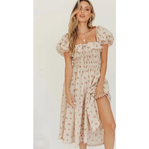 TEELYNN Shirred bust vintage dress Puff Sleeve boho midi dresses for women Cotton floral print summer dress Bohemian vestidos